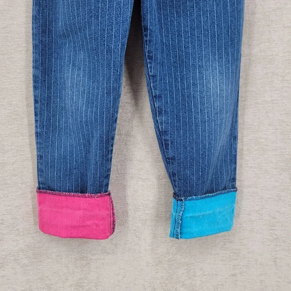 Oshkosh Vintage Overalls Pin Stripe Pink Blue Yellow Character Bear Patch